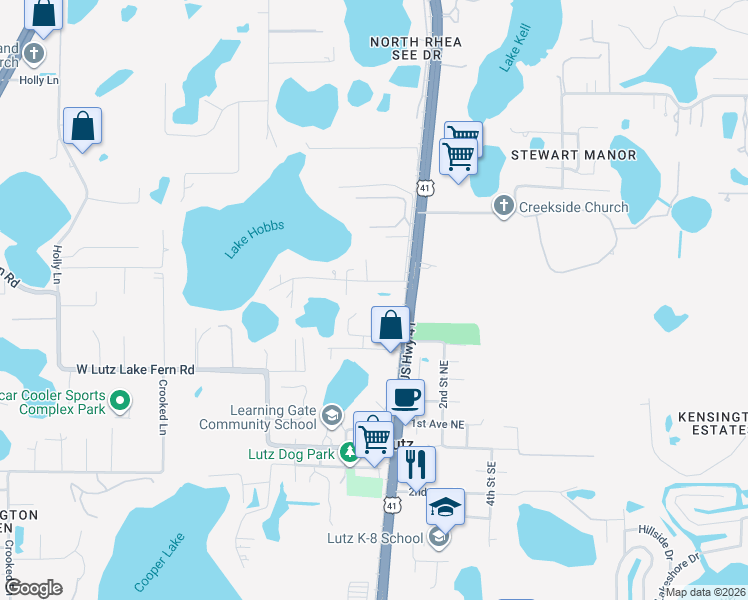 map of restaurants, bars, coffee shops, grocery stores, and more near 124 Lake Hobbs Road in Lutz
