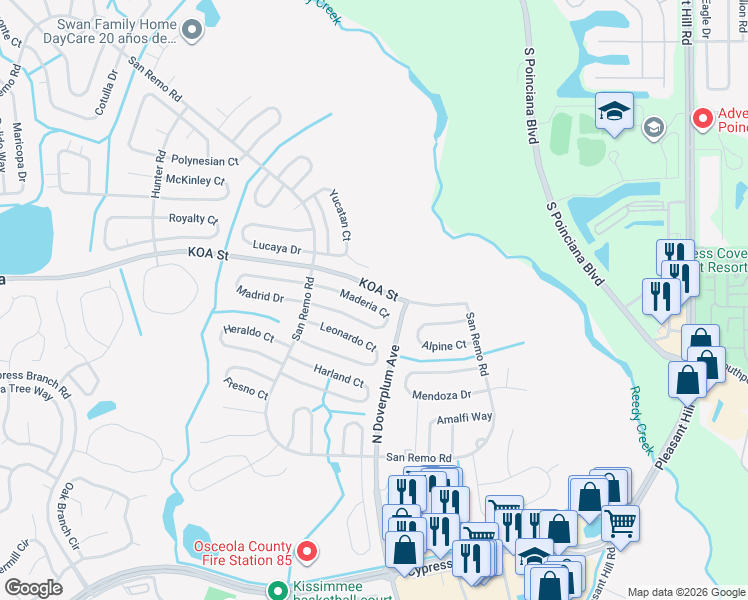 map of restaurants, bars, coffee shops, grocery stores, and more near 742 Maderia Court in Kissimmee