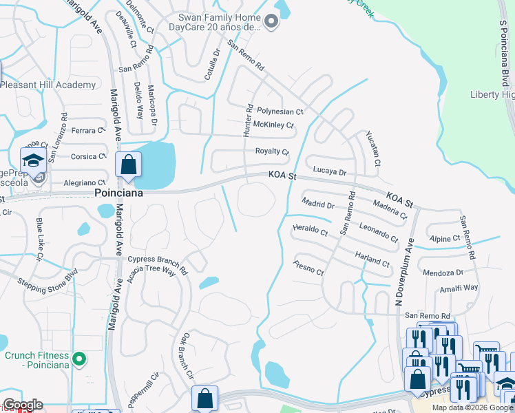 map of restaurants, bars, coffee shops, grocery stores, and more near 489 Hunter Circle in Kissimmee