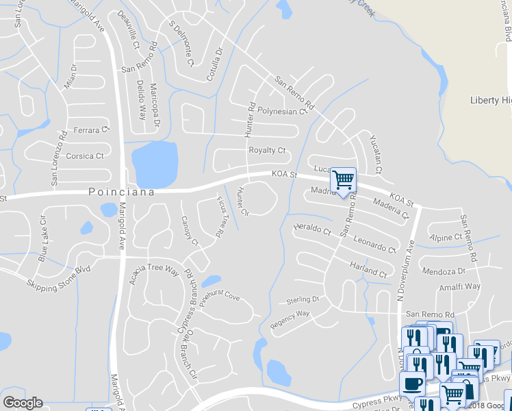 map of restaurants, bars, coffee shops, grocery stores, and more near 489 Hunter Circle in Kissimmee