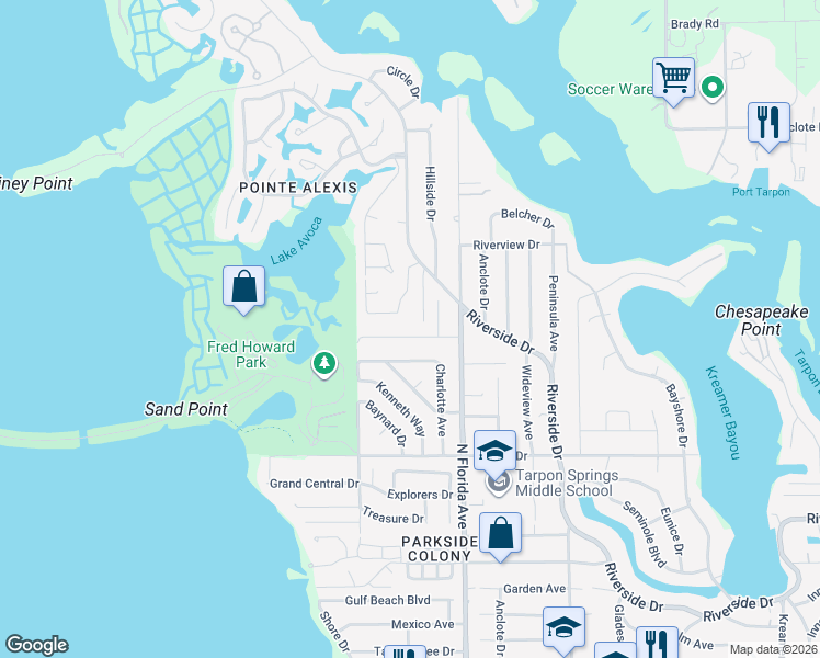 map of restaurants, bars, coffee shops, grocery stores, and more near 1702 Avoca Drive in Tarpon Springs