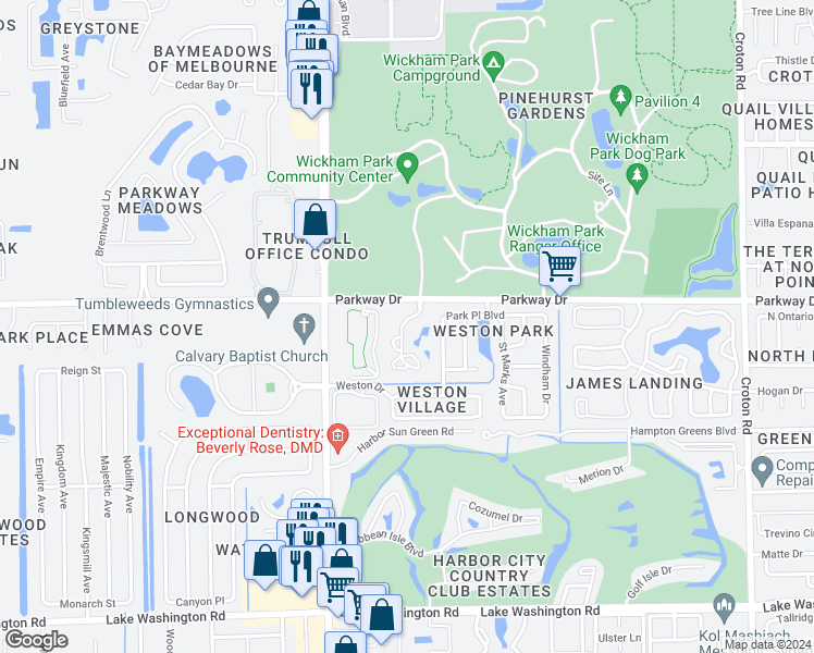 map of restaurants, bars, coffee shops, grocery stores, and more near 3055 Park Village Way in Melbourne
