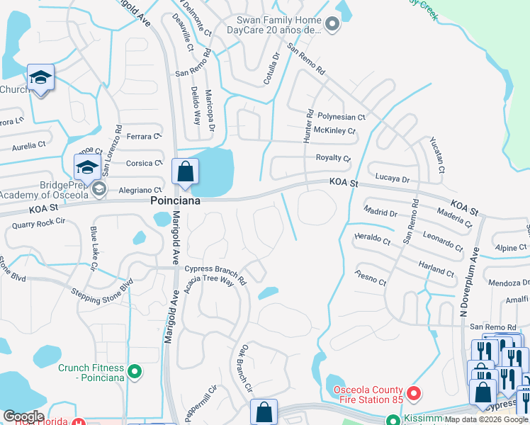 map of restaurants, bars, coffee shops, grocery stores, and more near 4537 Ficus Tree Road in Kissimmee