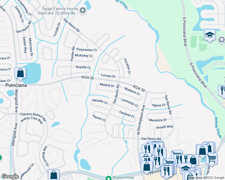 map of restaurants, bars, coffee shops, grocery stores, and more near 609 Madrid Drive in Kissimmee