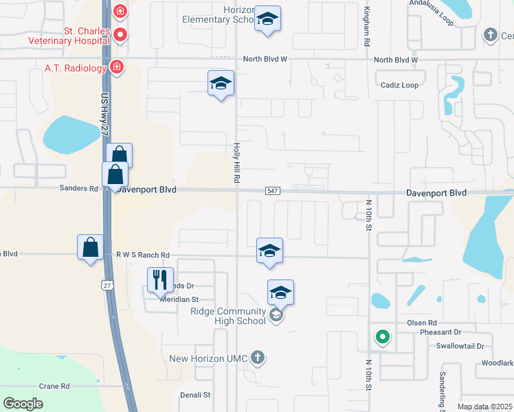 map of restaurants, bars, coffee shops, grocery stores, and more near 577 Disa Drive in Davenport