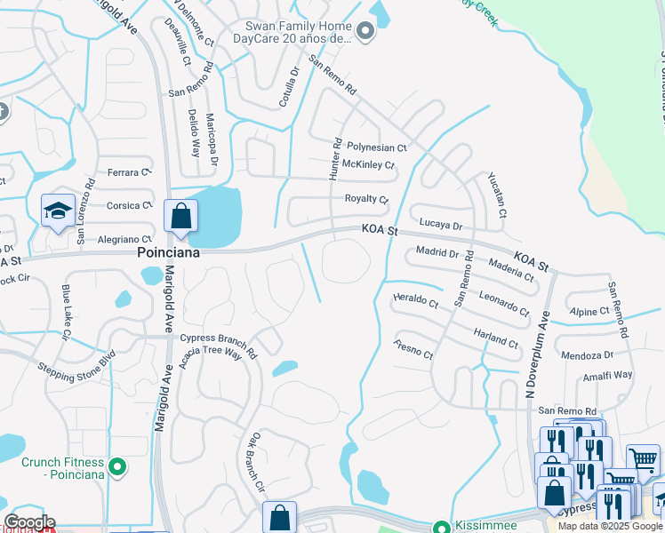 map of restaurants, bars, coffee shops, grocery stores, and more near 473 Hunter Circle in Poinciana