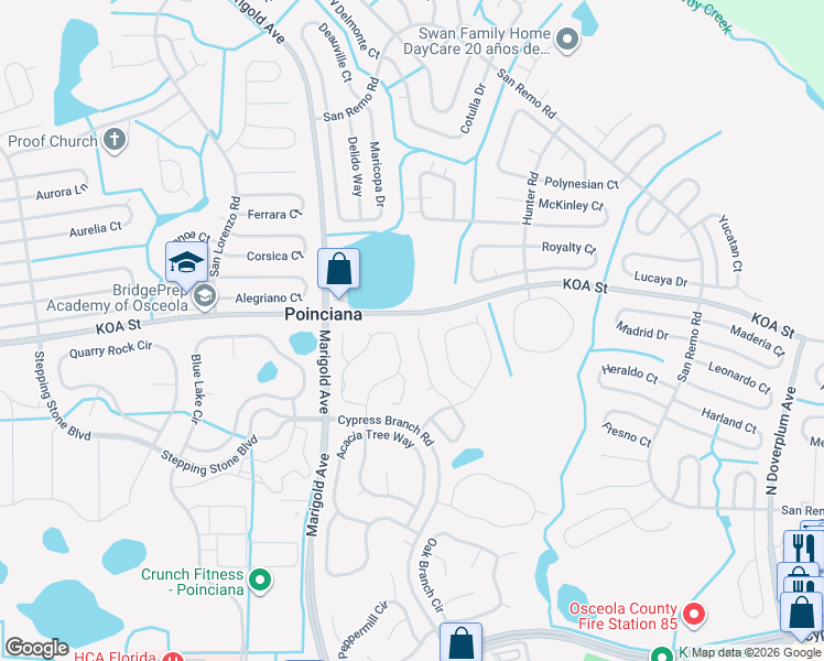 map of restaurants, bars, coffee shops, grocery stores, and more near 4469 Maple Chase Trail in Poinciana