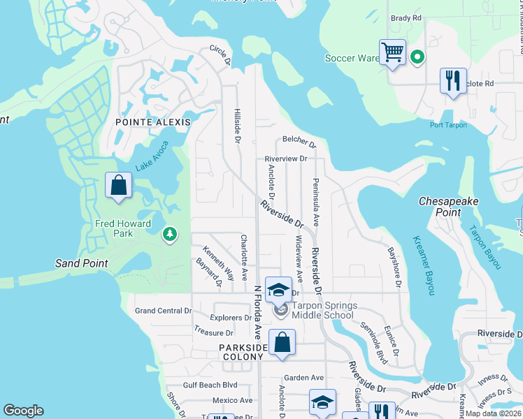 map of restaurants, bars, coffee shops, grocery stores, and more near 1602 Avoca Drive in Tarpon Springs