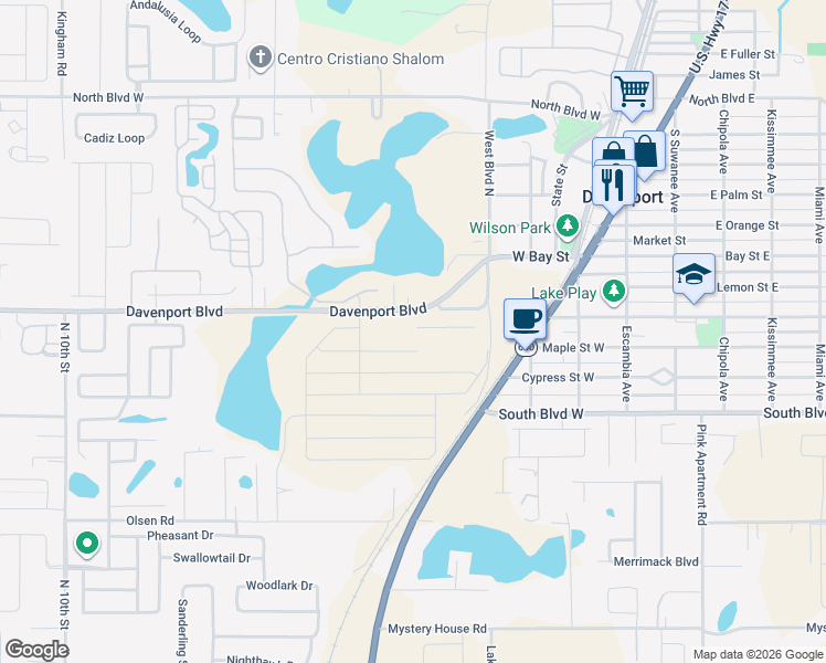 map of restaurants, bars, coffee shops, grocery stores, and more near 535 Davenport Boulevard in Davenport