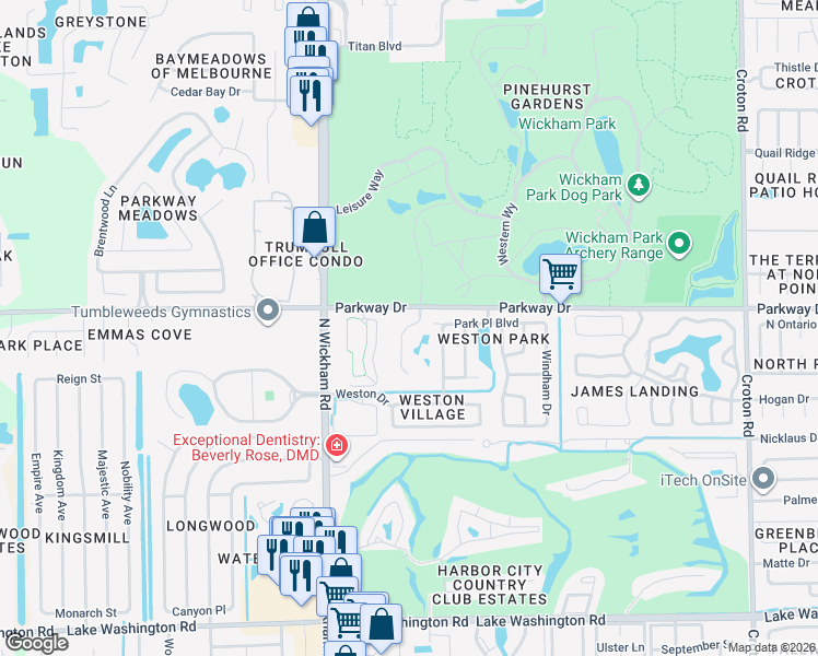 map of restaurants, bars, coffee shops, grocery stores, and more near 3055 Park Village Way in Melbourne