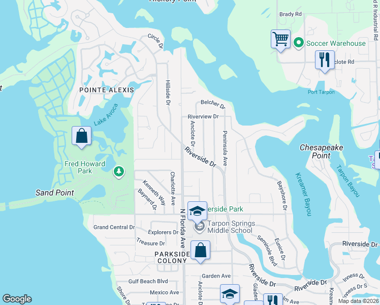 map of restaurants, bars, coffee shops, grocery stores, and more near 1005 Riverside Drive in Tarpon Springs