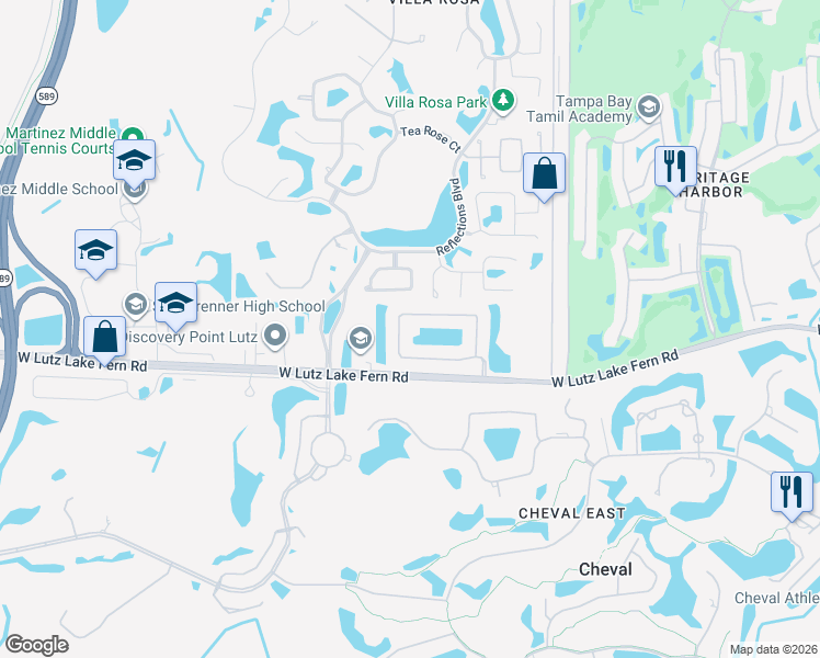 map of restaurants, bars, coffee shops, grocery stores, and more near 19041 Fern Meadow Loop in Lutz