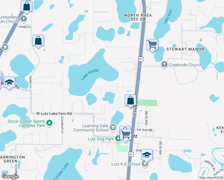 map of restaurants, bars, coffee shops, grocery stores, and more near 124 Lake Hobbs Road in Lutz