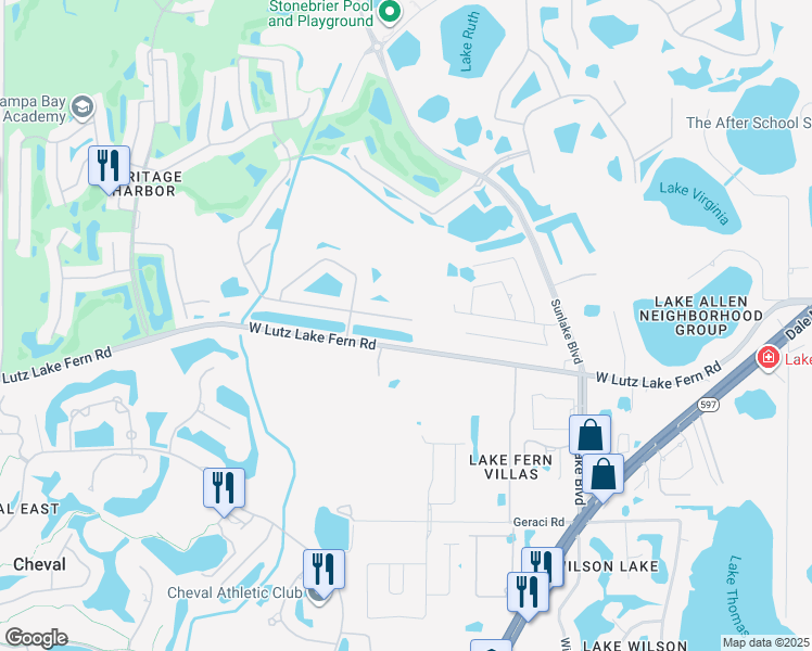 map of restaurants, bars, coffee shops, grocery stores, and more near 18906 Fishermans Bend Drive in Lutz