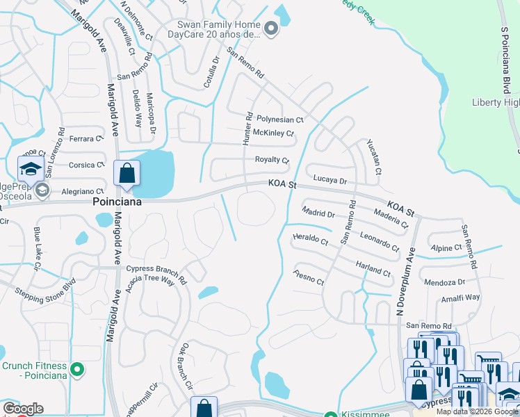 map of restaurants, bars, coffee shops, grocery stores, and more near 489 Hunter Circle in Kissimmee