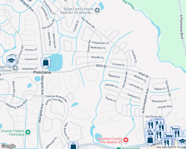 map of restaurants, bars, coffee shops, grocery stores, and more near 489 Hunter Circle in Kissimmee