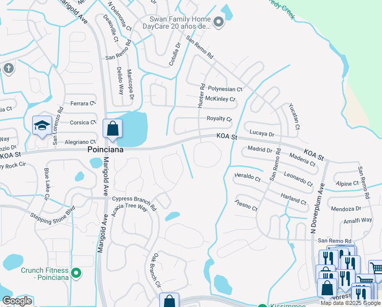 map of restaurants, bars, coffee shops, grocery stores, and more near 473 Hunter Circle in Poinciana