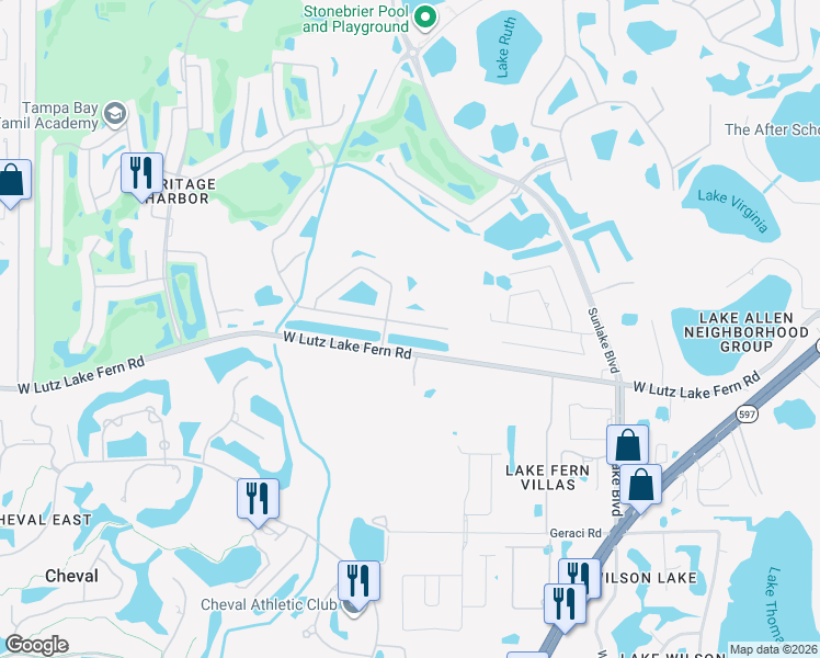 map of restaurants, bars, coffee shops, grocery stores, and more near 18922 Fishermans Bend Drive in Lutz