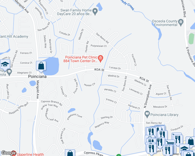 map of restaurants, bars, coffee shops, grocery stores, and more near 522 Hunter Circle in Kissimmee