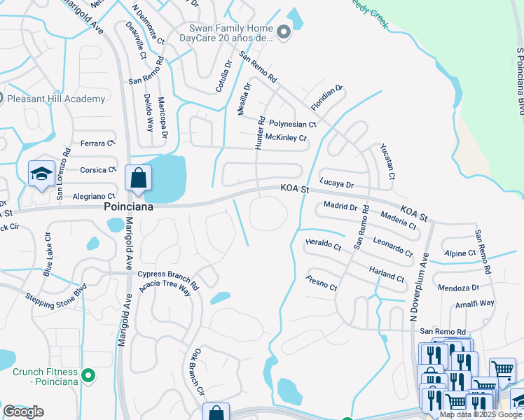 map of restaurants, bars, coffee shops, grocery stores, and more near 417 Hunter Circle in Kissimmee