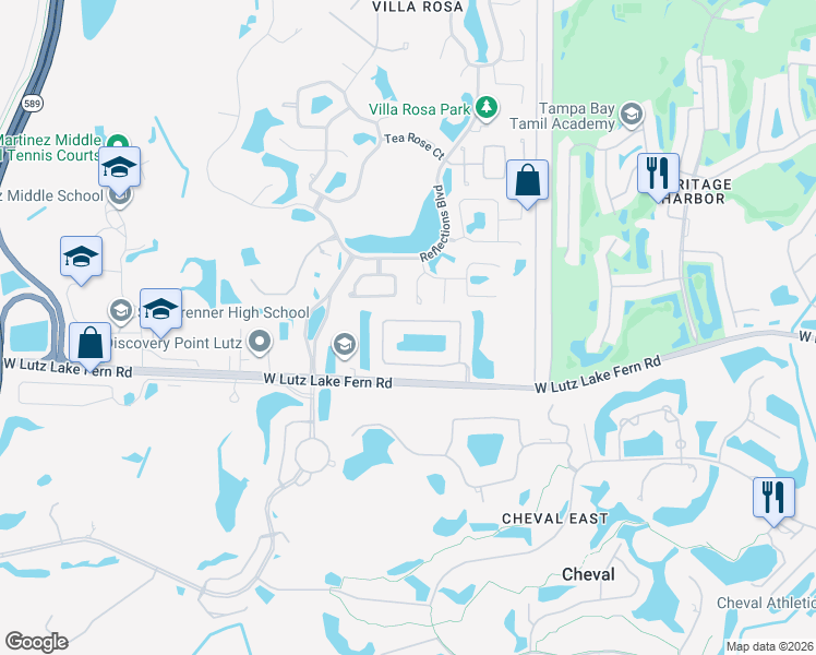 map of restaurants, bars, coffee shops, grocery stores, and more near 19111 Fern Meadow Loop in Lutz