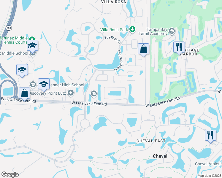 map of restaurants, bars, coffee shops, grocery stores, and more near 19111 Fern Meadow Loop in Lutz