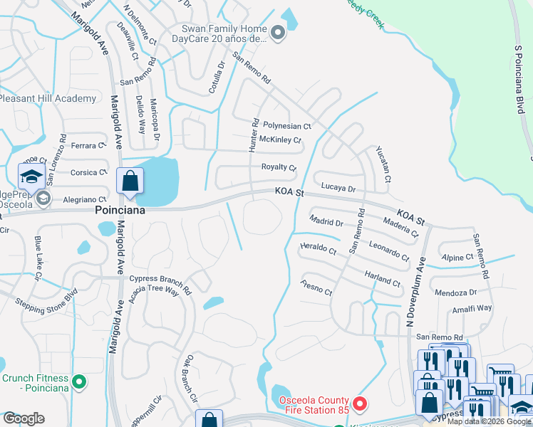 map of restaurants, bars, coffee shops, grocery stores, and more near 489 Hunter Circle in Kissimmee