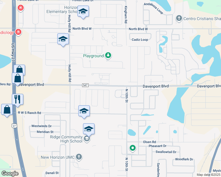 map of restaurants, bars, coffee shops, grocery stores, and more near 789 Orchid Grove Boulevard in Davenport