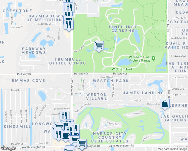map of restaurants, bars, coffee shops, grocery stores, and more near 2943 Park Village Way in Melbourne