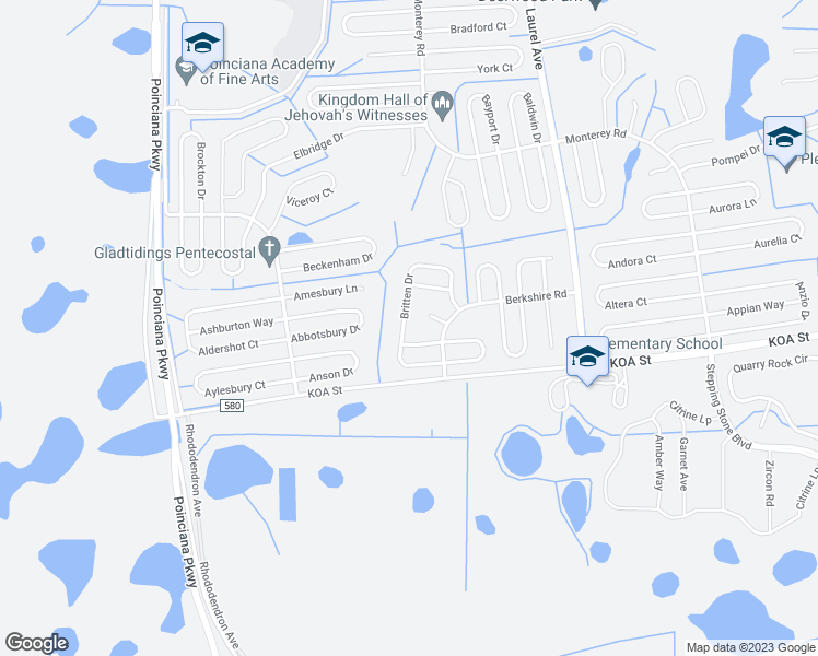 map of restaurants, bars, coffee shops, grocery stores, and more near 440 Britten Drive in Kissimmee