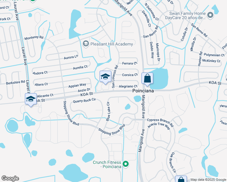 map of restaurants, bars, coffee shops, grocery stores, and more near Koa Street in Poinciana