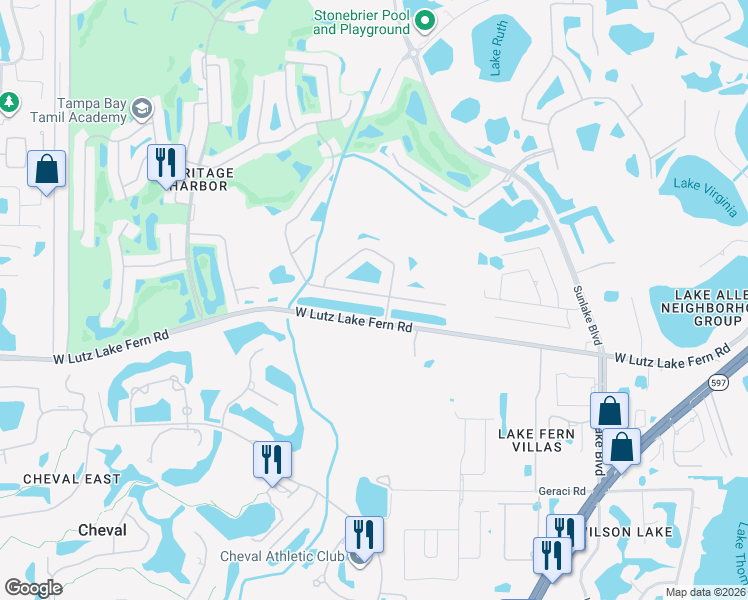 map of restaurants, bars, coffee shops, grocery stores, and more near 19008 Fishermans Bend Drive in Lutz