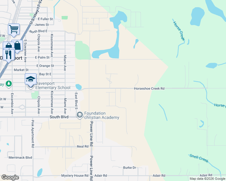 map of restaurants, bars, coffee shops, grocery stores, and more near 720 Horseshoe Creek Road in Davenport