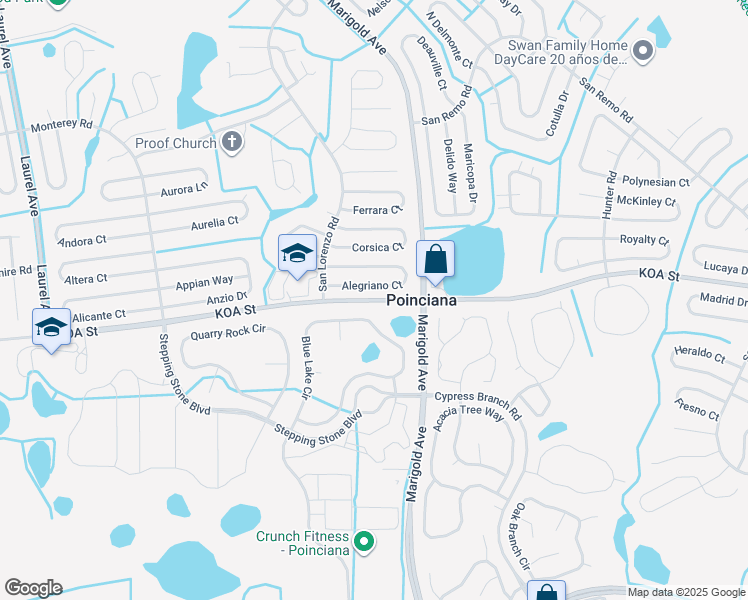 map of restaurants, bars, coffee shops, grocery stores, and more near Koa Street in Poinciana