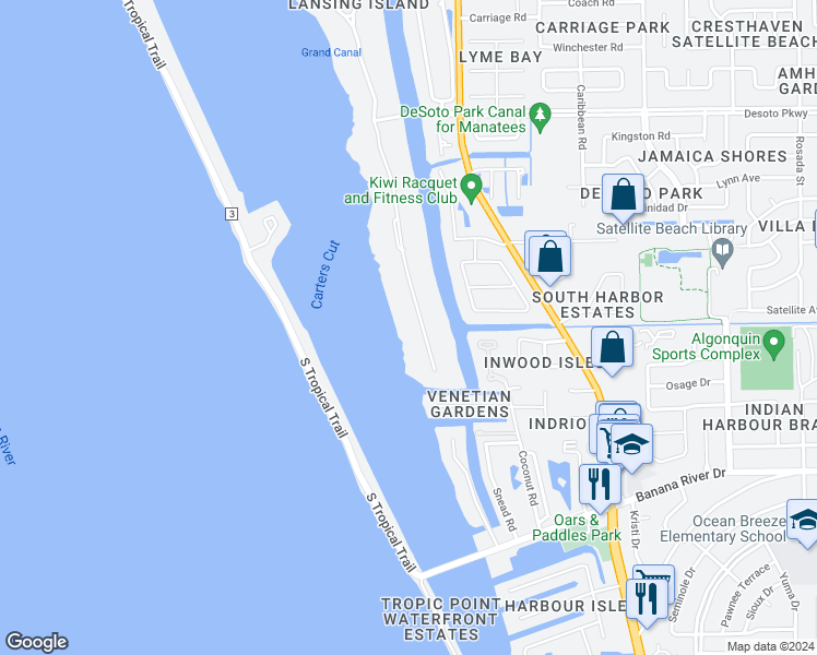 map of restaurants, bars, coffee shops, grocery stores, and more near 143 Lansing Island Drive in Satellite Beach