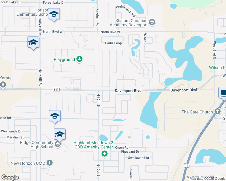 map of restaurants, bars, coffee shops, grocery stores, and more near County Road 547 in Davenport