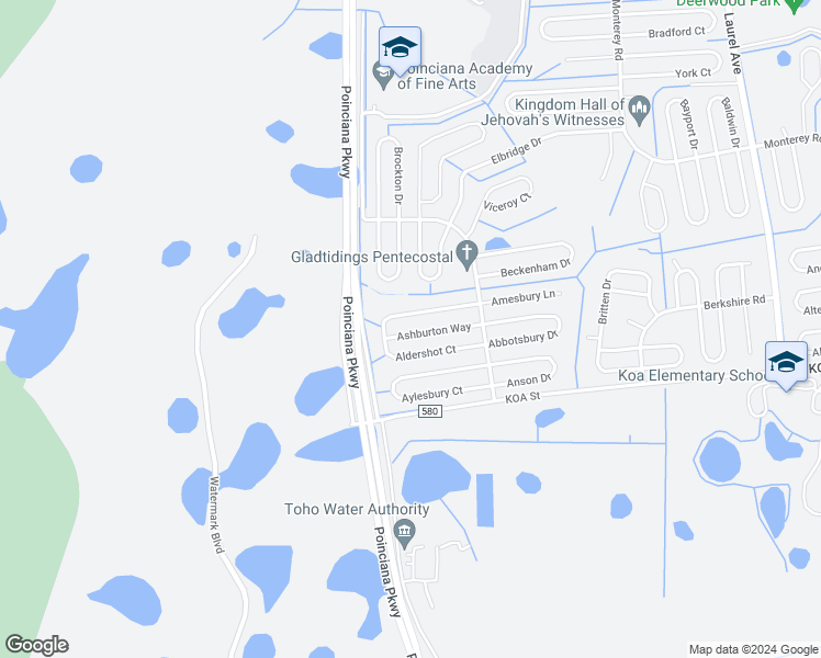 map of restaurants, bars, coffee shops, grocery stores, and more near 324 Ashburton Way in Kissimmee