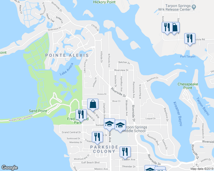 map of restaurants, bars, coffee shops, grocery stores, and more near 1100 North Florida Avenue in Tarpon Springs