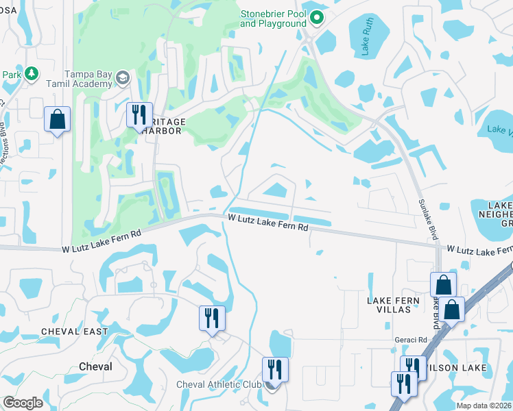 map of restaurants, bars, coffee shops, grocery stores, and more near 19028 Fishermans Bend Drive in Lutz