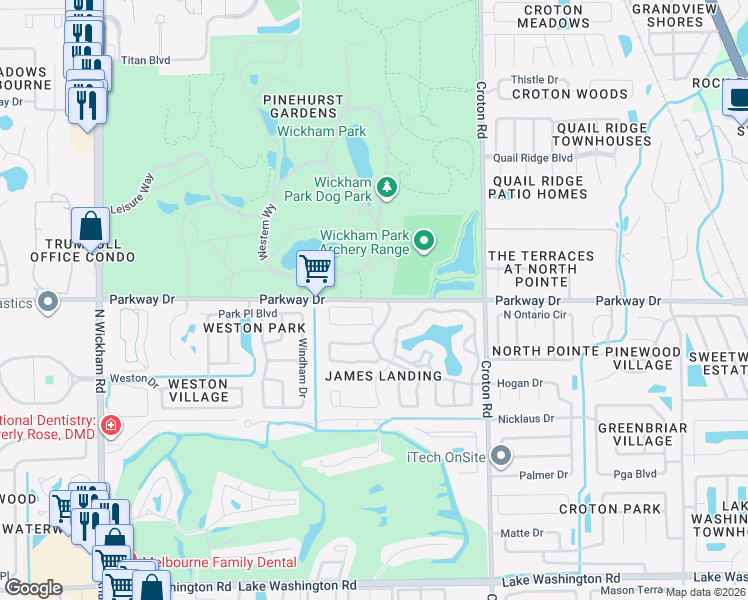 map of restaurants, bars, coffee shops, grocery stores, and more near 2304 Parkway Drive in Melbourne