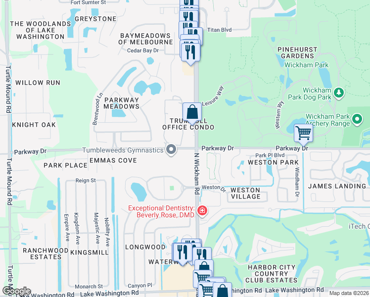 map of restaurants, bars, coffee shops, grocery stores, and more near 3053 Parkway Drive in Melbourne