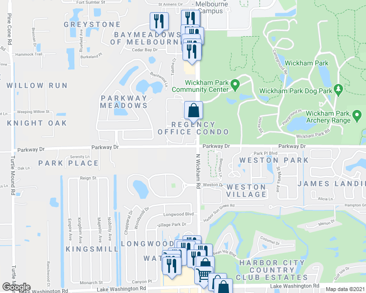 map of restaurants, bars, coffee shops, grocery stores, and more near 3078 Parkway Drive in Melbourne