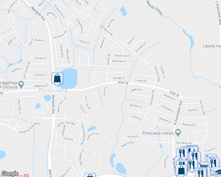 map of restaurants, bars, coffee shops, grocery stores, and more near 529 Hunter Circle in Kissimmee