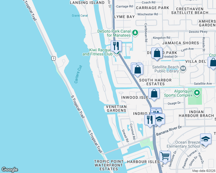 map of restaurants, bars, coffee shops, grocery stores, and more near 140 Lansing Island Drive in Satellite Beach
