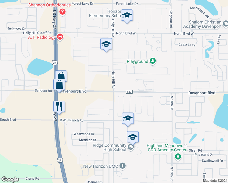 map of restaurants, bars, coffee shops, grocery stores, and more near 2985 Davenport Boulevard in Davenport