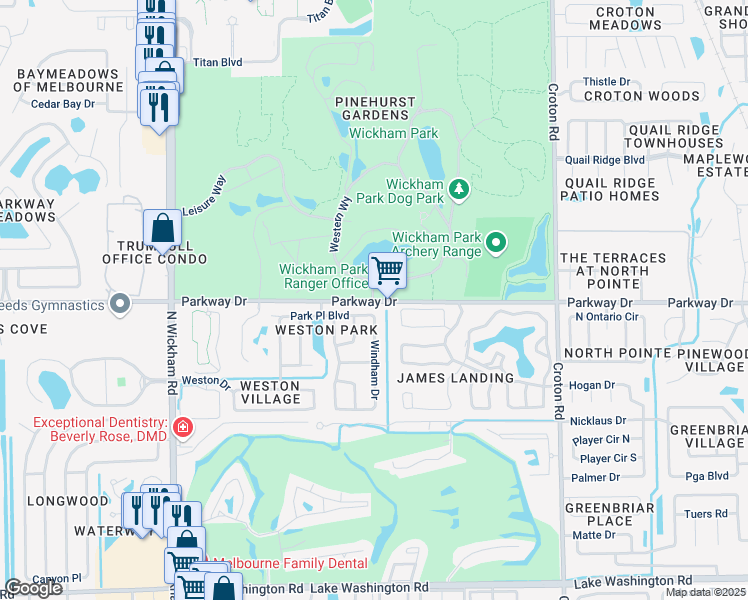 map of restaurants, bars, coffee shops, grocery stores, and more near 2500 Parkway Drive in Melbourne