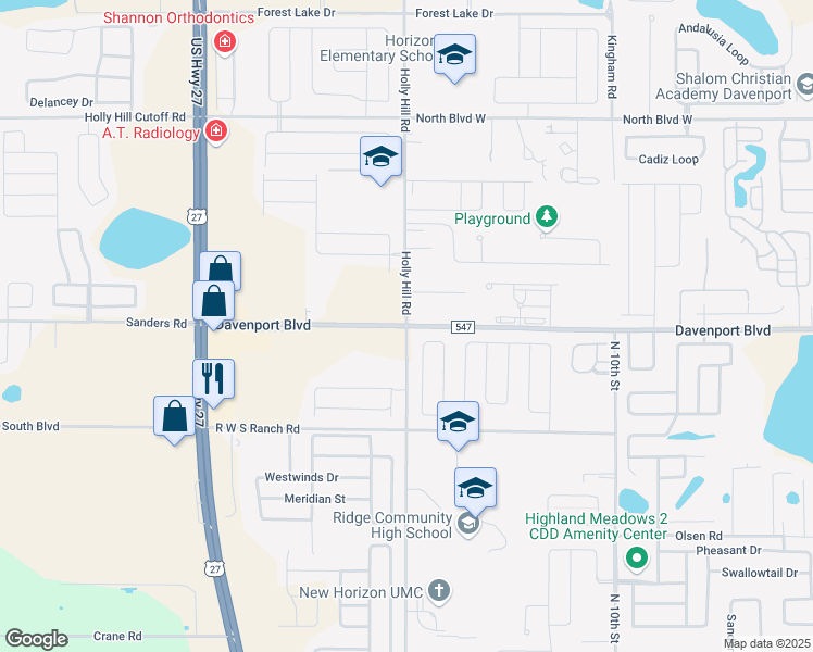 map of restaurants, bars, coffee shops, grocery stores, and more near Holly Hill Road in Davenport