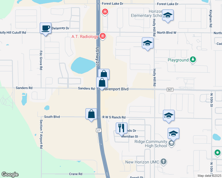 map of restaurants, bars, coffee shops, grocery stores, and more near 2985 Davenport Boulevard in Davenport