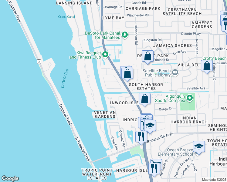 map of restaurants, bars, coffee shops, grocery stores, and more near 134 Windward Way in Satellite Beach