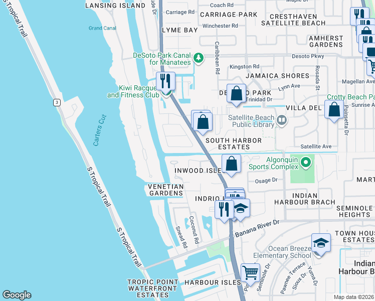 map of restaurants, bars, coffee shops, grocery stores, and more near 134 Windward Way in Satellite Beach